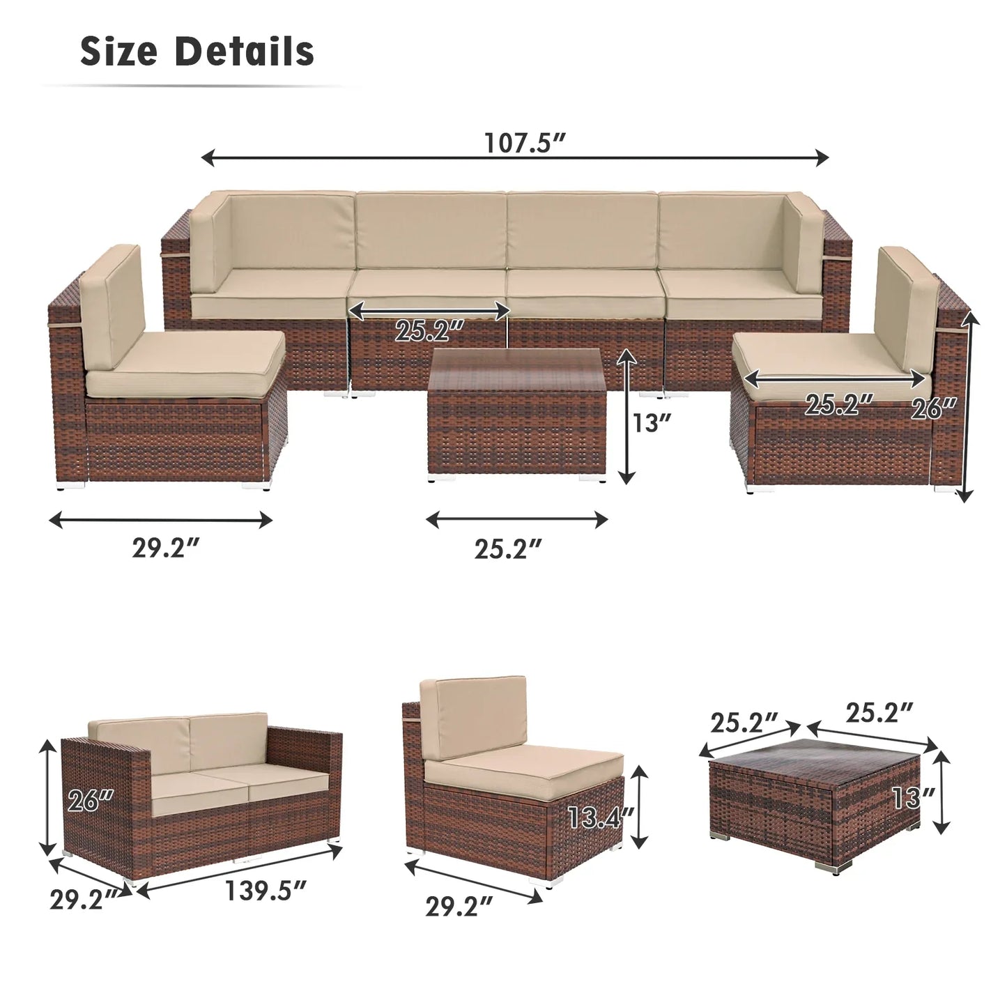 ECOPATIO 7 Pieces Patio Conversation Set, Outdoor Sectional PE Rattan Wicker Furniture Seat,Beige