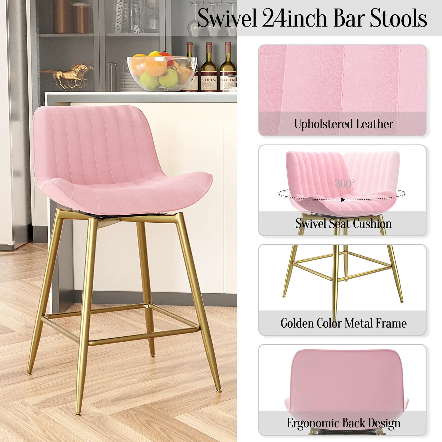 Homezeer 24" Counter Height Bar Stools Set 2 Gold Metal Legs , Velvet Upholstery Kitchen Stools Pink