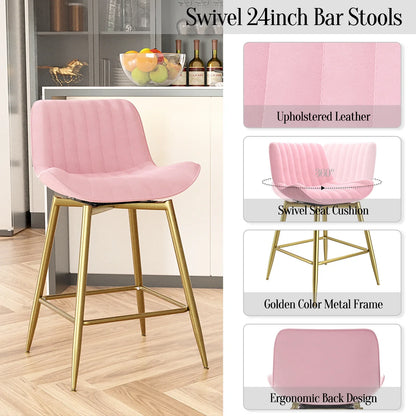 Homezeer 24" Counter Height Bar Stools Set 2 Gold Metal Legs , Velvet Upholstery Kitchen Stools Pink