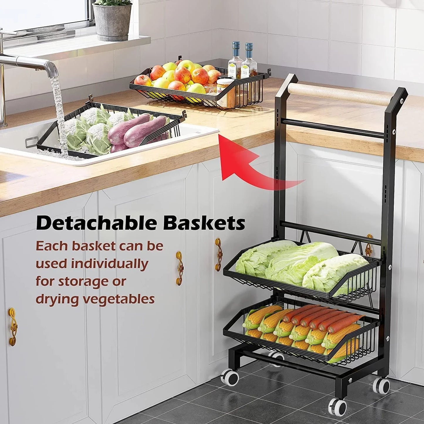 Kitchen Storage Cart with Wheels, 4-Tier Detachable Rolling Cart, Kitchen Vegetable and Fruits Utility Shelf Rack