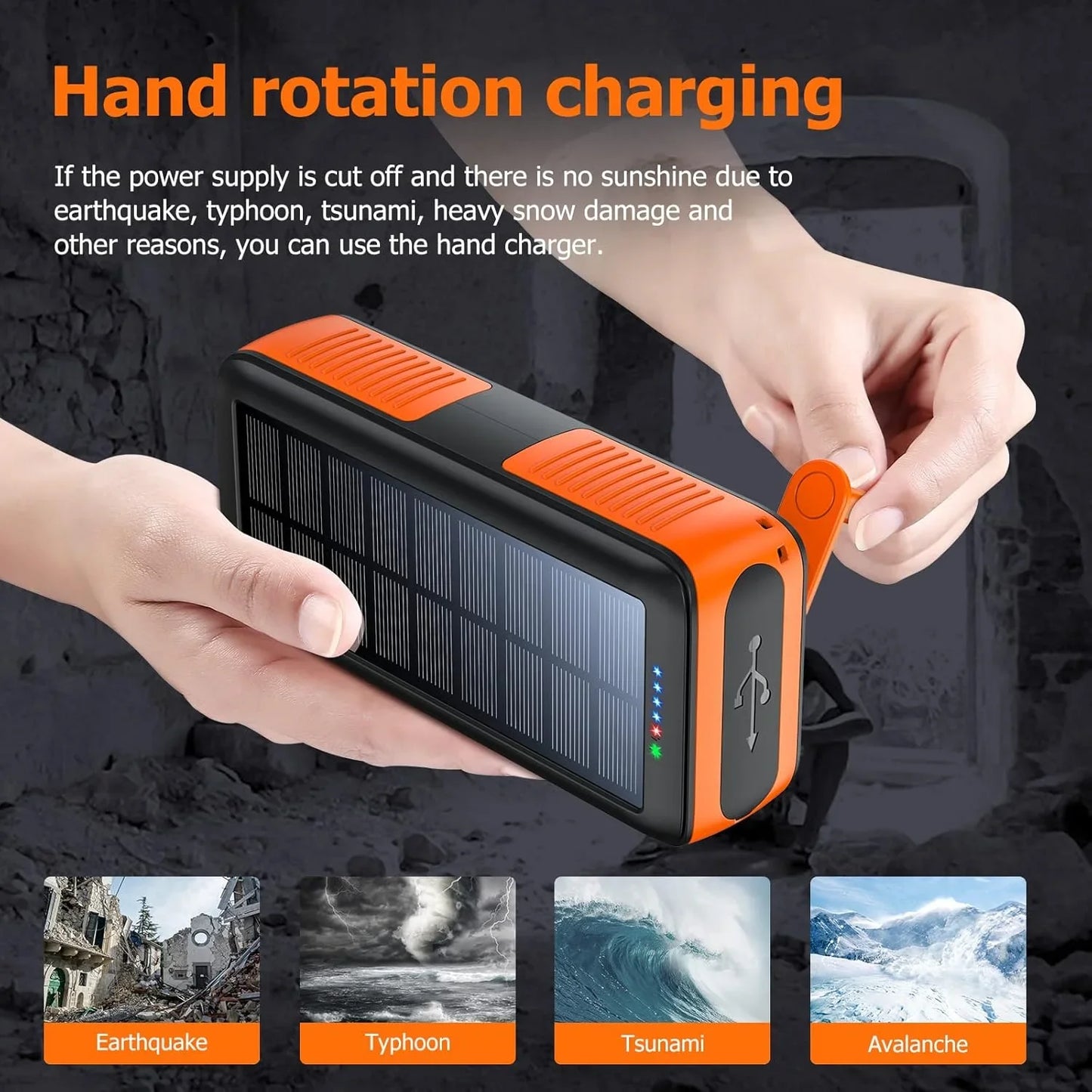 BAOKALER Solar Power Bank, Portable Charger with Dual Output LED Flashlight, Hand Crank Power Bank