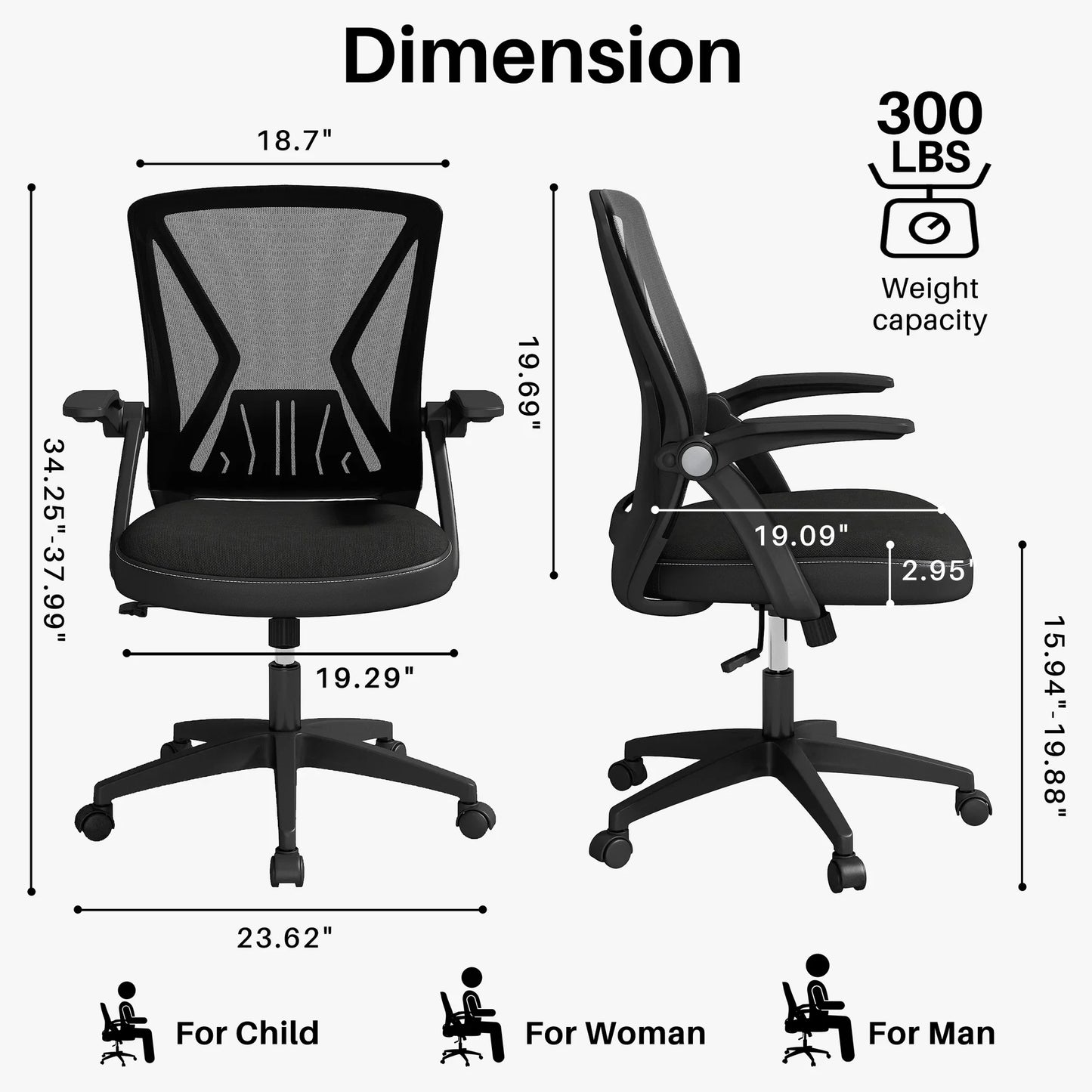 HomeZeer Mesh Office Desk Chair, Mid-Back Ergonomic Computer Desk Chair with Flip Up Armrest, Swivel Home Office Chair with Lumbar Support, Black