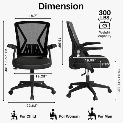 HomeZeer Mesh Office Desk Chair, Mid-Back Ergonomic Computer Desk Chair with Flip Up Armrest, Swivel Home Office Chair with Lumbar Support, Black