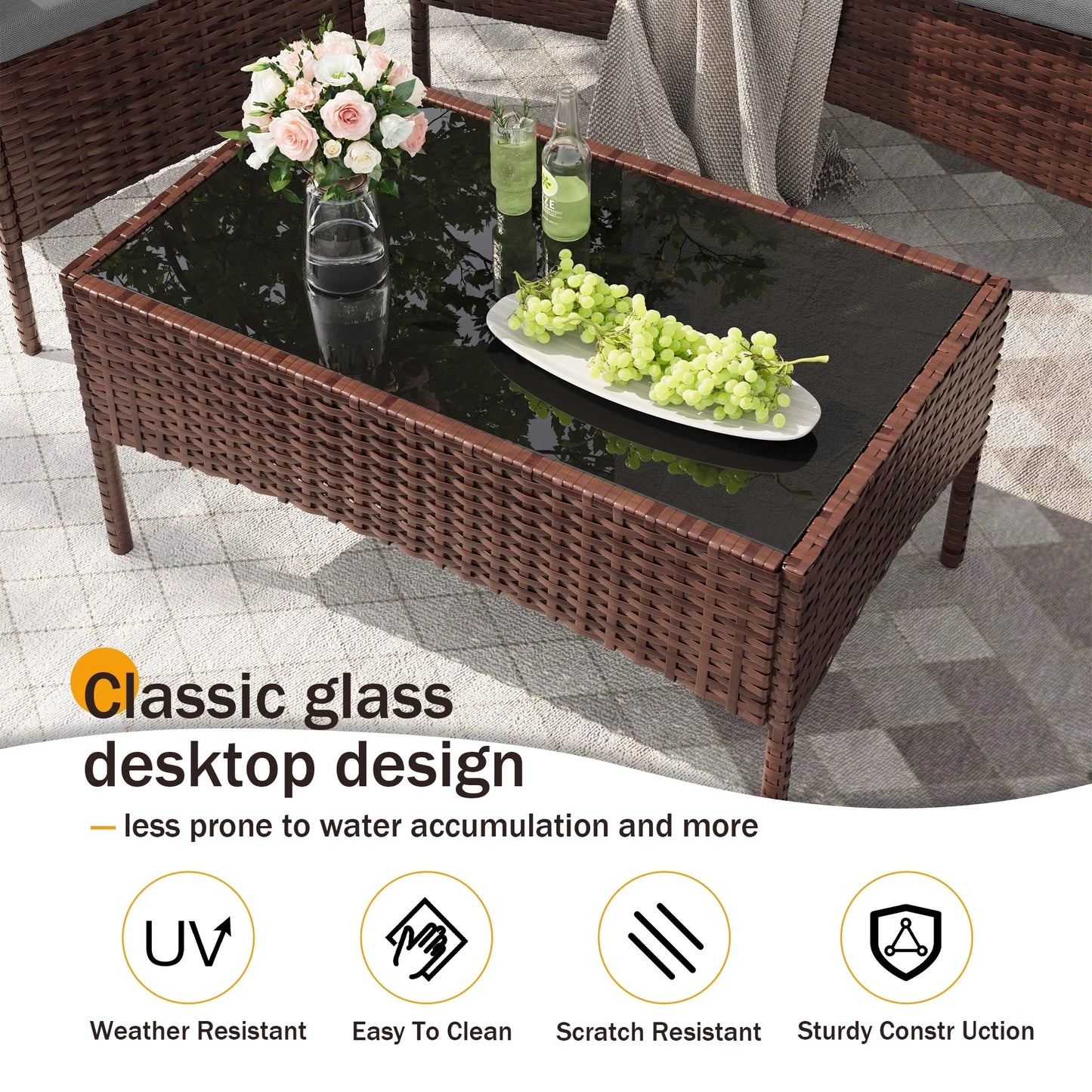 ECOPATIO Patio Furniture Set 4 Pieces Porch Furniture Outdoor Modular Wicker Patio Sectional Conversation Furniture Set for Backyard,Porch,Garden,Poolside and Balcony(Grey)