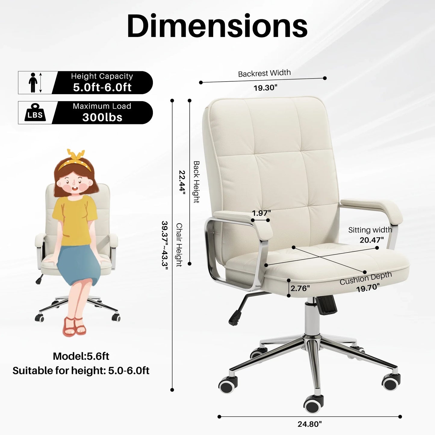 HomeZeer Executive Office Chair 300lbs, Mid Back Support Computer Desk Chairs with Armrests, Height Adjustable Ergonomic Task Chair for Home Office£¬PU Leather Rolling Swivel Office Chair, White