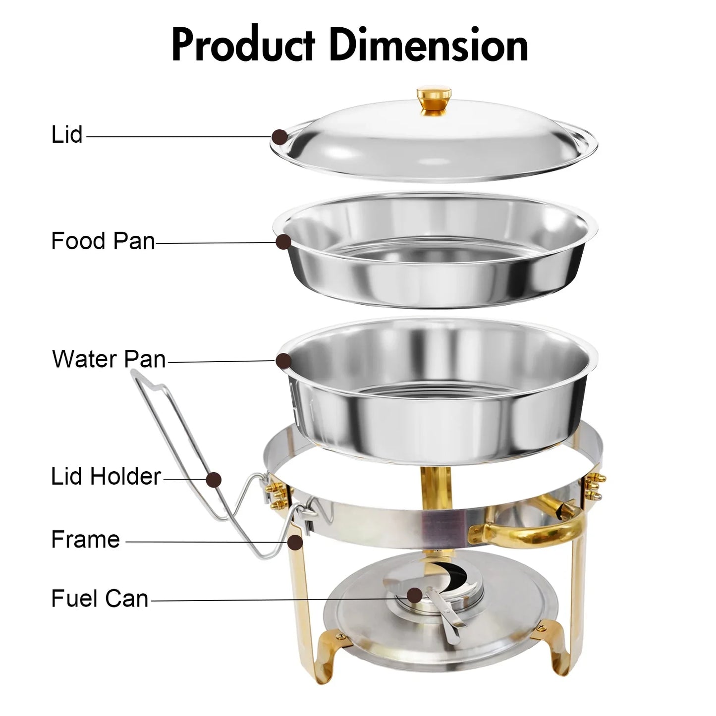 CATGOOD Chafing Dish Buffet Set 5QT Round Half-Gold Plated Stainless Steel Chafing Dish with Stainless Steel Lid, Buffet Warmer Set, 4-Pack, for Home Gatherings, Christmas Parties, Catering Events
