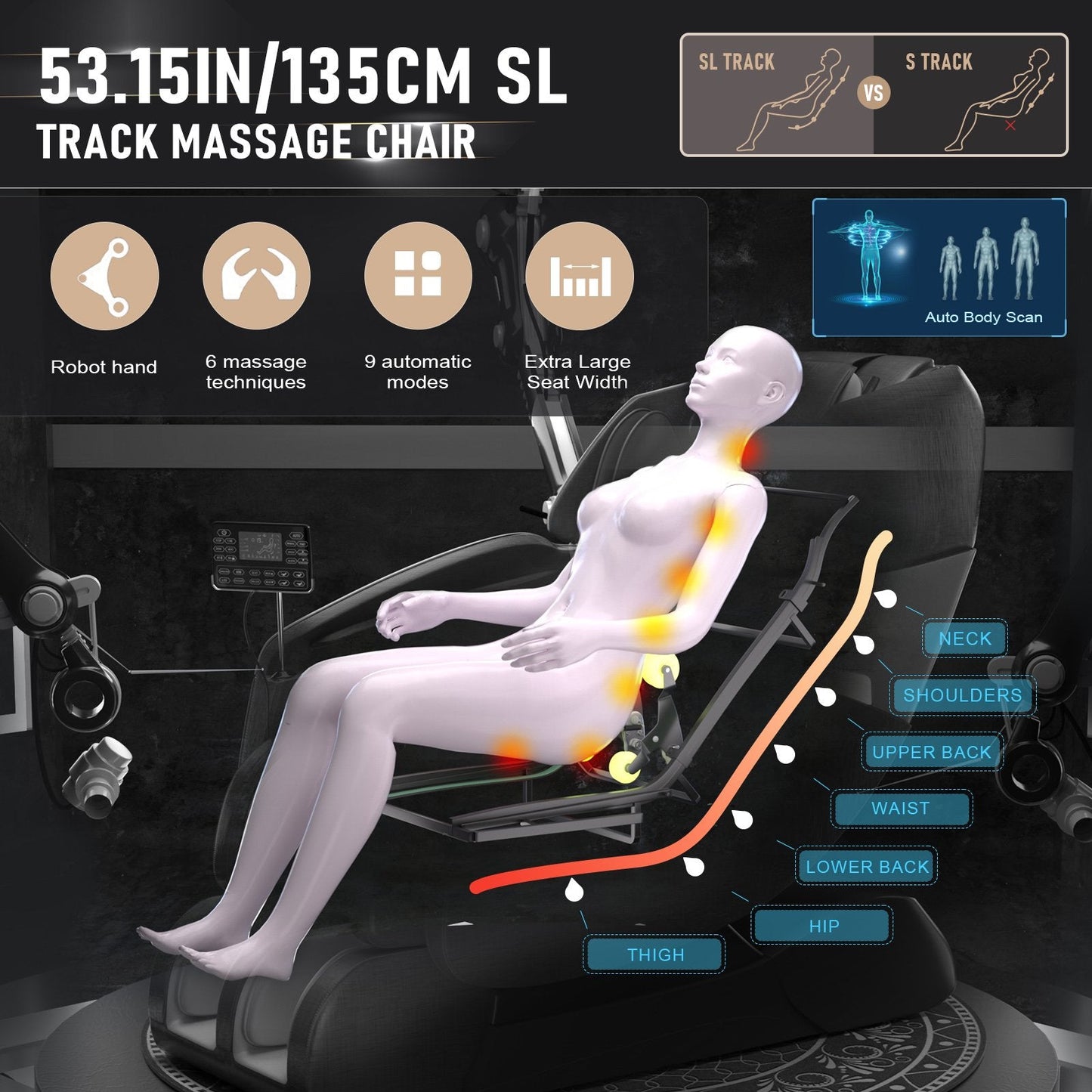 Massage Chair Full Body, 2024 4D SL-Track Zero Gravity Massage Chair Shiatsu Recliner with Mat, 9 Pre-set Auto-Programmed, Body Scan, Airbag Massage,Blackgrey