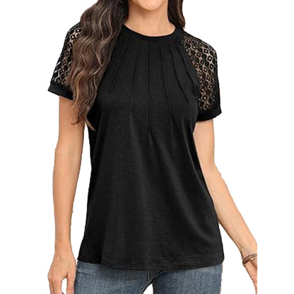 VDJ Womens T shirts Trendy Fashion Lace Short Sleeve Dressy Tops Casual Business Blouses Summer Black Tee Clothing 2024 Size XL