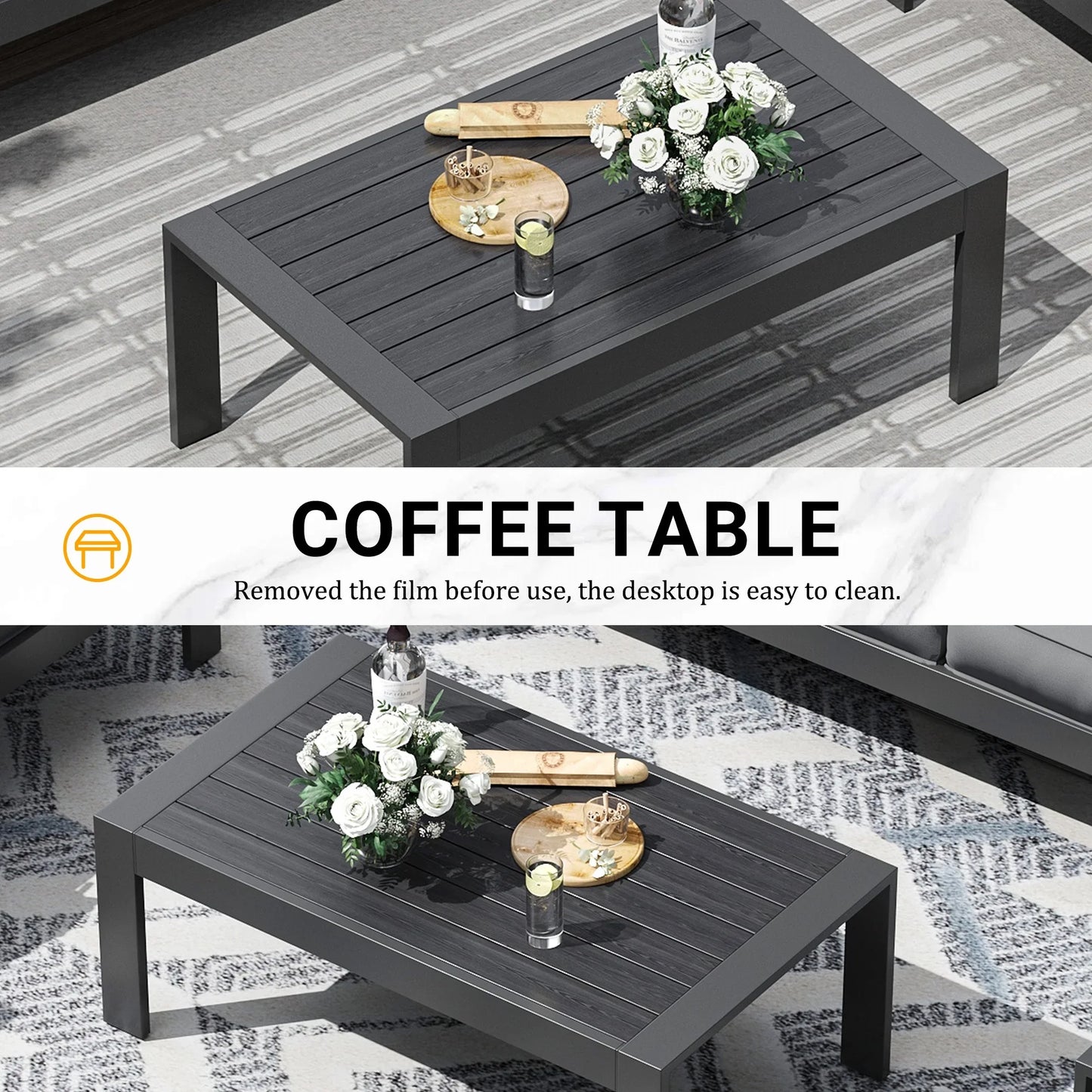 ECOPATIO Aluminum Patio Furniture Set, 8 Pcs Metal Modern Outdoor Sofa Sets, Outdoor Sectional Patio Conversation Set with Coffee Table for Backyard, Poolside, Dark Grey (Included Waterproof Covers)