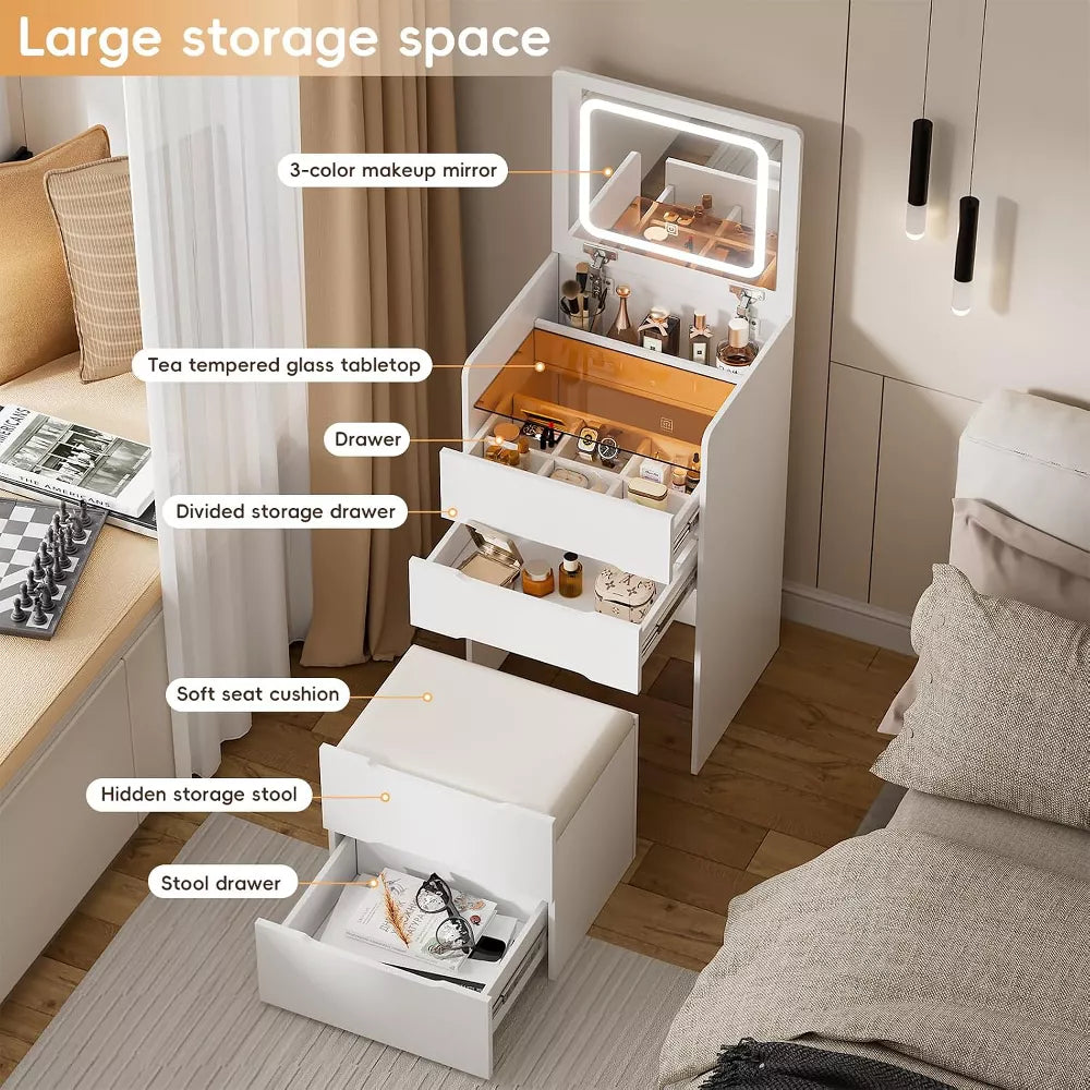 PAKASEPT 3 in 1 Vanity Desk with Plip Top LED Mirror, Make Up Vanity Set with Glass Desktop, 3 Drawers, Cushioned Tool