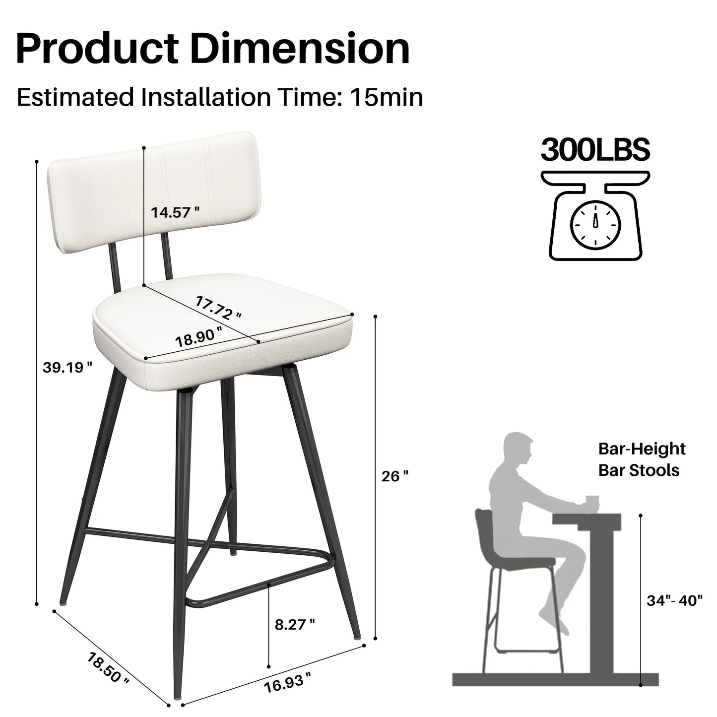 HomeZeer Swivel Bar Stools Set of 4, 26" Counter Height BarStool with Back, Leather Upholstered Kitchen Stools with Footrest and Metal Frame, Bar Chair for Kitchen Island, White