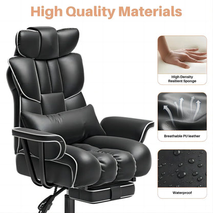 HomeZeer Reclining Office Chair 400lbs with Footrest, Executive Big and Tall Office Chair with Lumbar Support and Wide Seat, Heavy Duty Leather High Back Desk Chair, Black