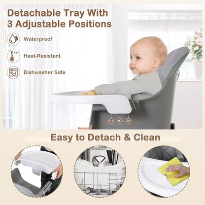 Kinder King 7 in 1 Baby High Chair Convert to Wooden Feeding Chair Removable Tray 5-Point Harness Gray