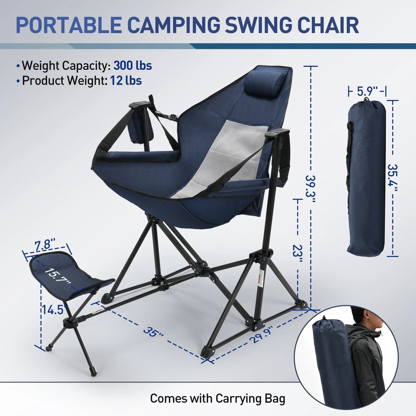 Portable Hammock Camping Chair, Folding Camping Chairs with Retractable Footrest, Adjustable Backrest, Headrest, Cup Holder Portable Outdoor Lawn Chairs for Camping, Fishing, Hiking