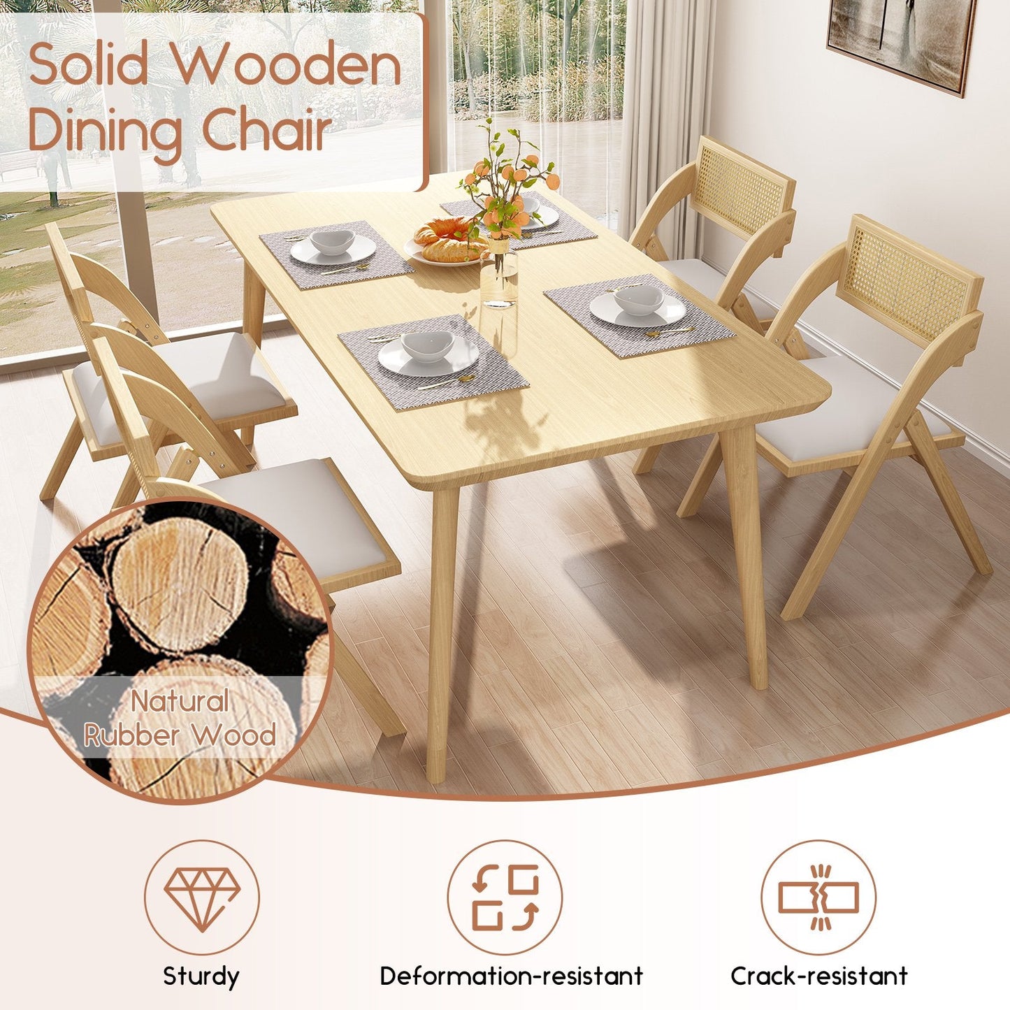 HomeZeer Folding Dining Chairs Set of 4, Foldable Rattan Folding Chairs with Padded Cushion, Modern Mid Century Rattan Dining Room Chairs, Foldable Kitchen Chairs for Small Space, No Assembly, Beige