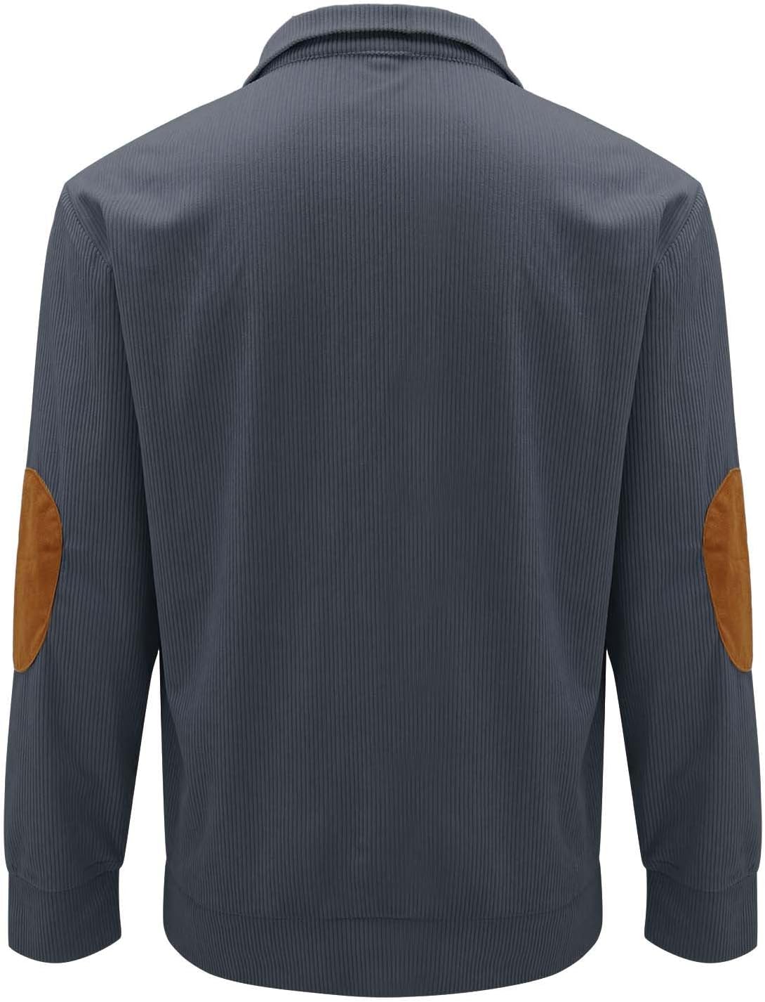HOYUFEI Mens Corduroy Shirt Lapel Collar Button Up Pullover Mock Neck Long Sleeve Sweaters Polo Sweatshirts with Elbow Patches