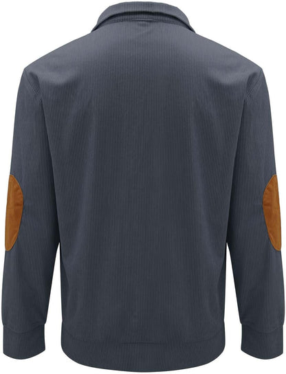 HOYUFEI Mens Corduroy Shirt Lapel Collar Button Up Pullover Mock Neck Long Sleeve Sweaters Polo Sweatshirts with Elbow Patches