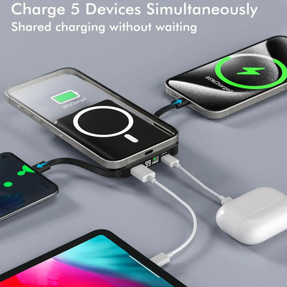 Podoru Wireless Portable Charger, 10000mAh Magnetic Power Bank Built-in USB C Lighting Cables 22.5W PD Fast Charging LED Display Battery Pack for for iPhone 16 15 14 13 12  Black