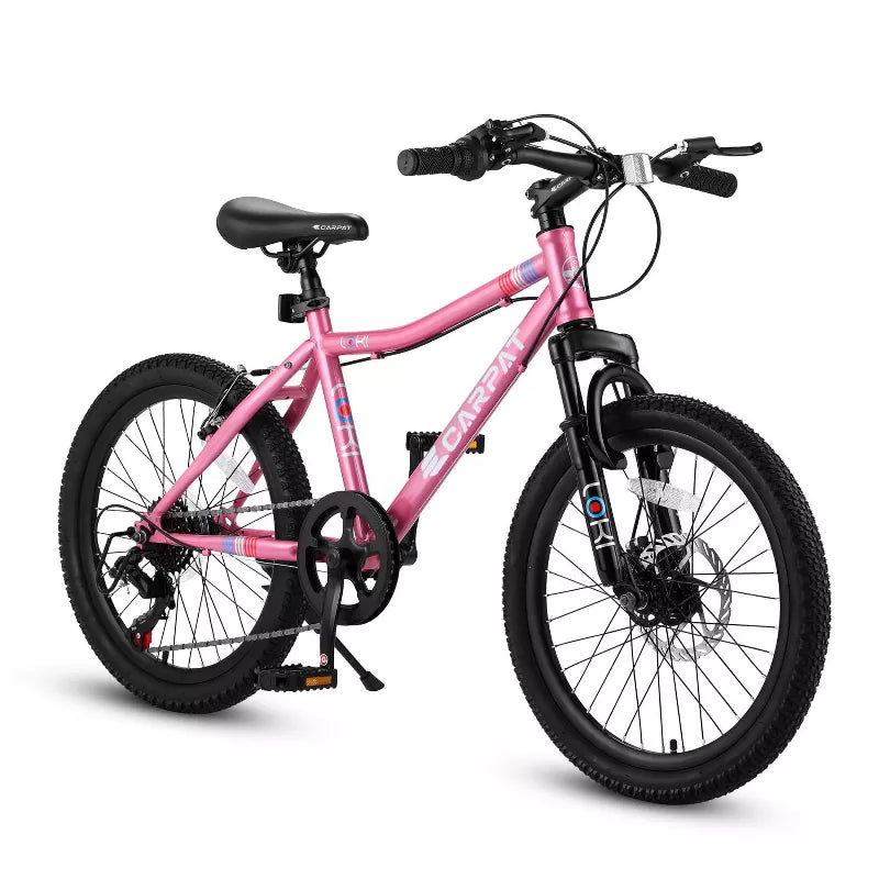 BestParts 20 Inch Kids Mountain Bike, 7-Speed Girls Bicycle with Front Suspension, Disc & V Brake, for Teens Age 8–12, Pink Steel Frame