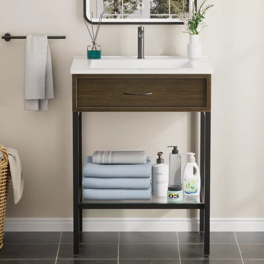 Bathroom Vanity with Resin Sink, Freestanding Modern Bathroom Cabinet Set with Metal Frame and Open Storage Glass Shelf