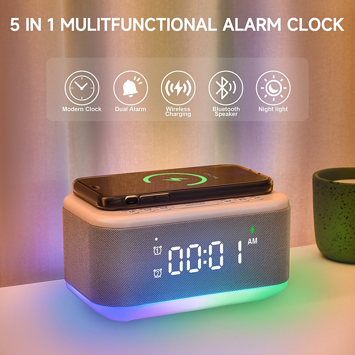 Fansbe Tech Vibrating Alarm Clocks, Dimmable Digital Alarm Clocks Wireless Charger Bluetooth (Gray)