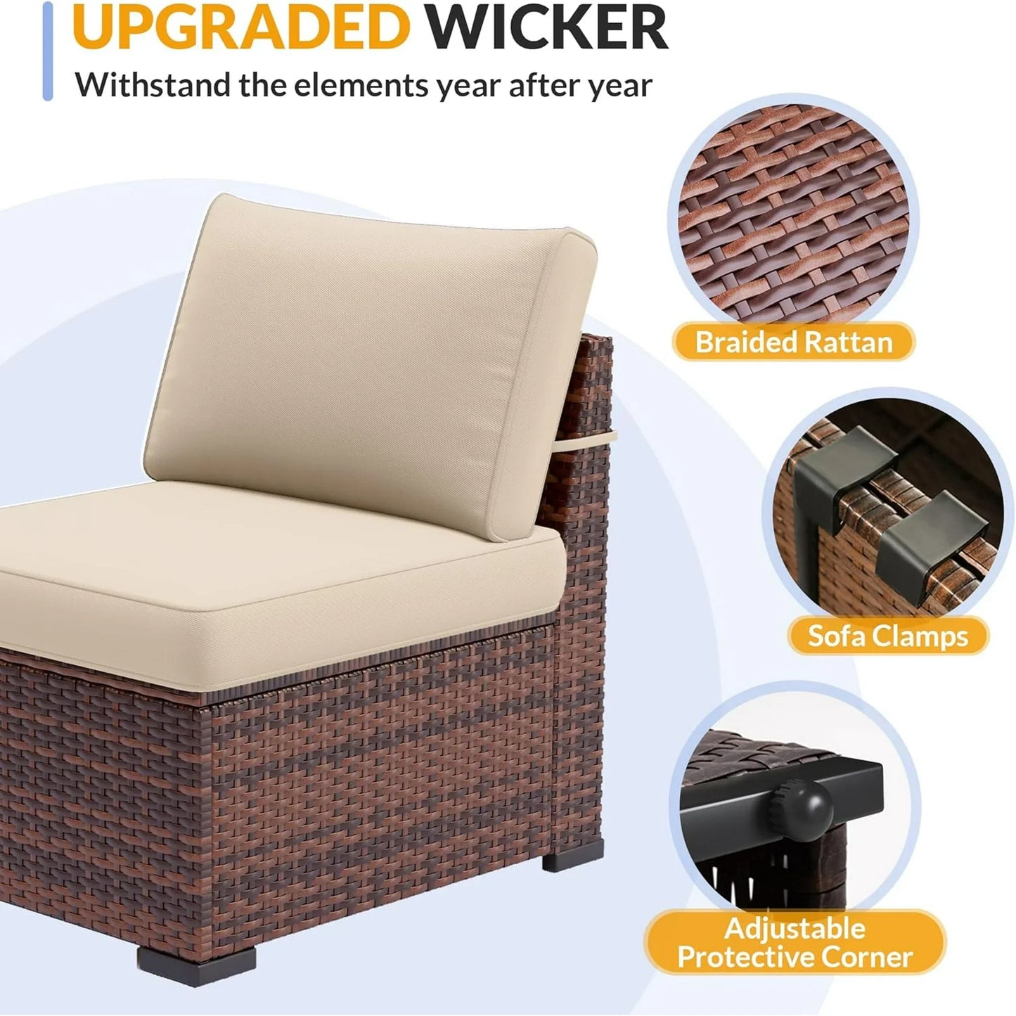 Poteban 7 Piece Outdoor Patio Furniture Set, Brown Rattan Wicker Outdoor Conversation Sectional Sofa Set with Cushions for Backyard, Khaki