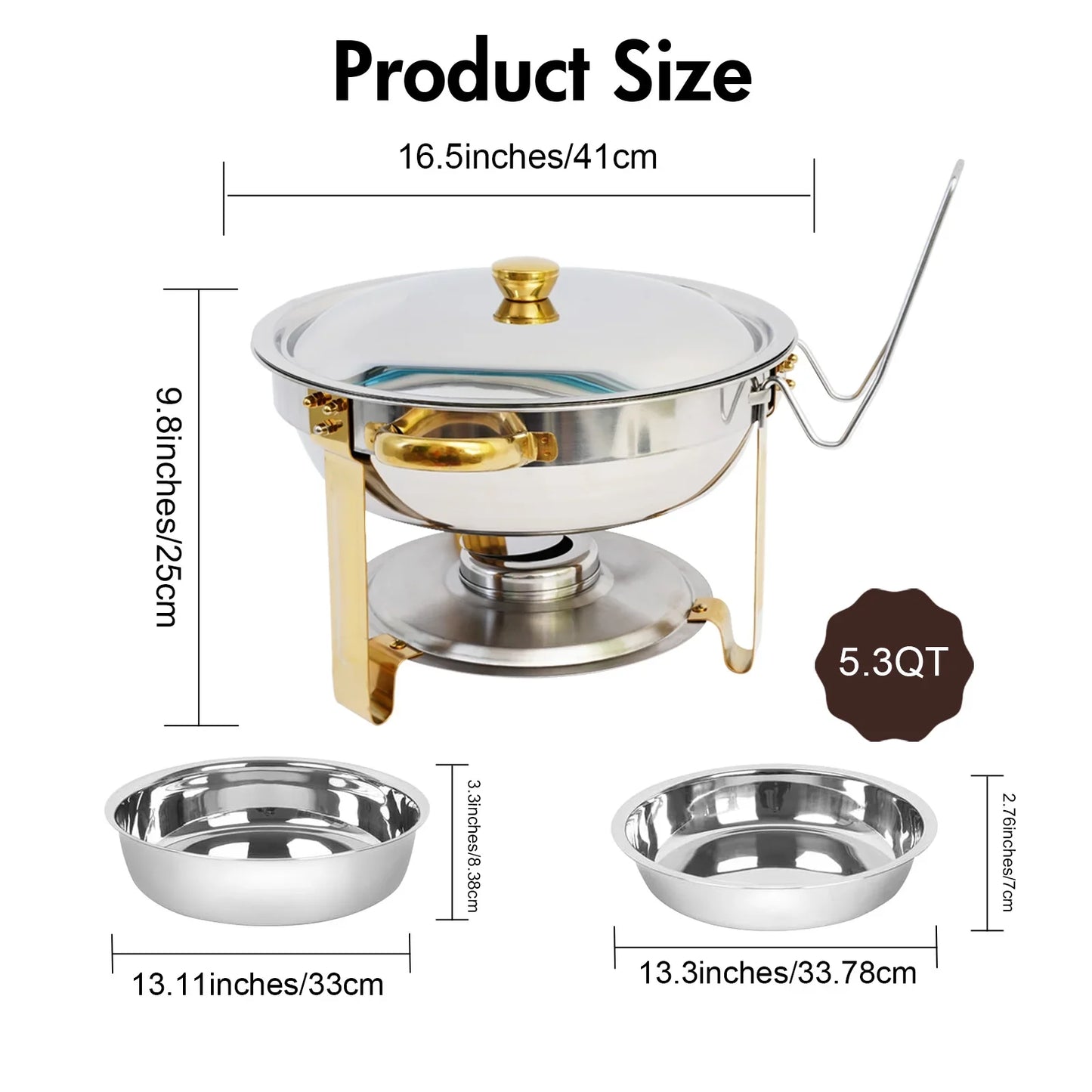 CATGOOD Chafing Dish Buffet Set 5QT Round Half-Gold Plated Stainless Steel Chafing Dish with Stainless Steel Lid, Buffet Warmer Set, 4-Pack, for Home Gatherings, Christmas Parties, Catering Events