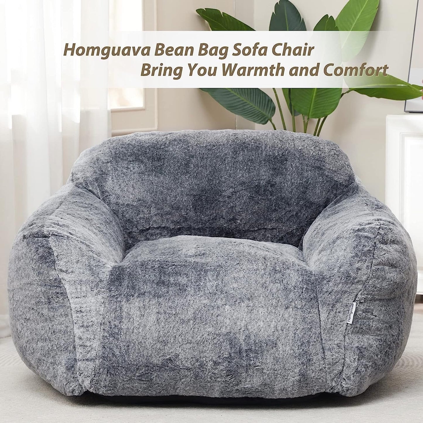 HOMGUAVA Giant Bean Bag Chair for Adults, Large Lazy Beanbag Sofa with Armrests & High-Density Foam for Living Room & Bedroom, Gray