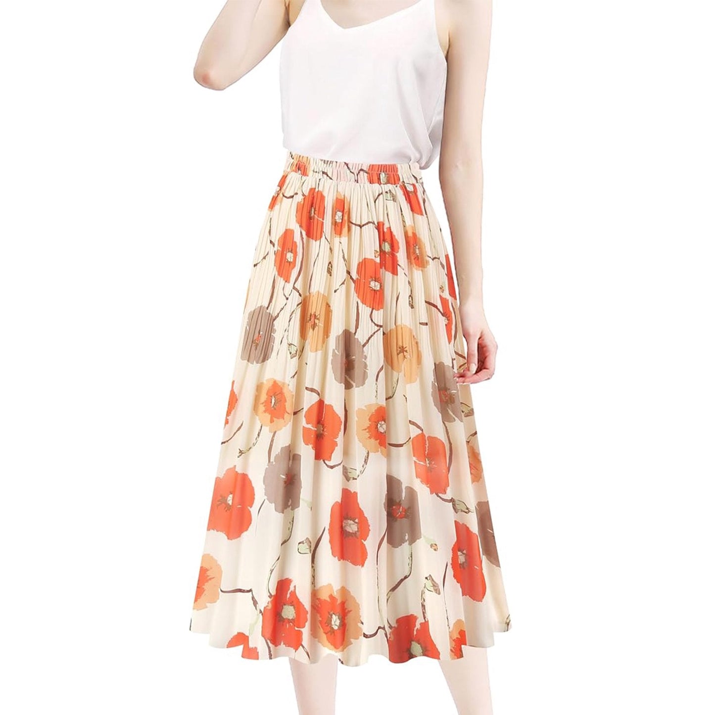 VDJ Women Mid Skirt Summer Boho Floral Print High Waist Fashion Flare Chiffon Skirts Size L