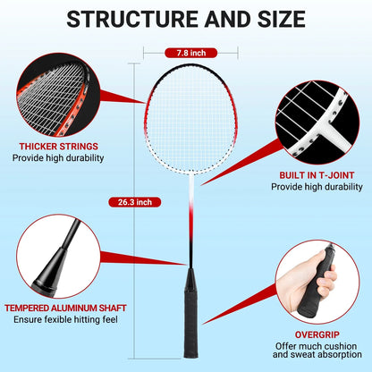 JASCOPRO Badminton Racket Set for 4 Players, 4 Racquets, 3 Shuttlecocks with Carry Bag