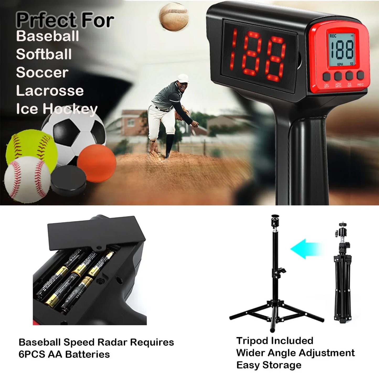 JASCOPRO Baseball Radar Gun, LED+LCD Large Display, Speed Sensors with Adjustable Tripod