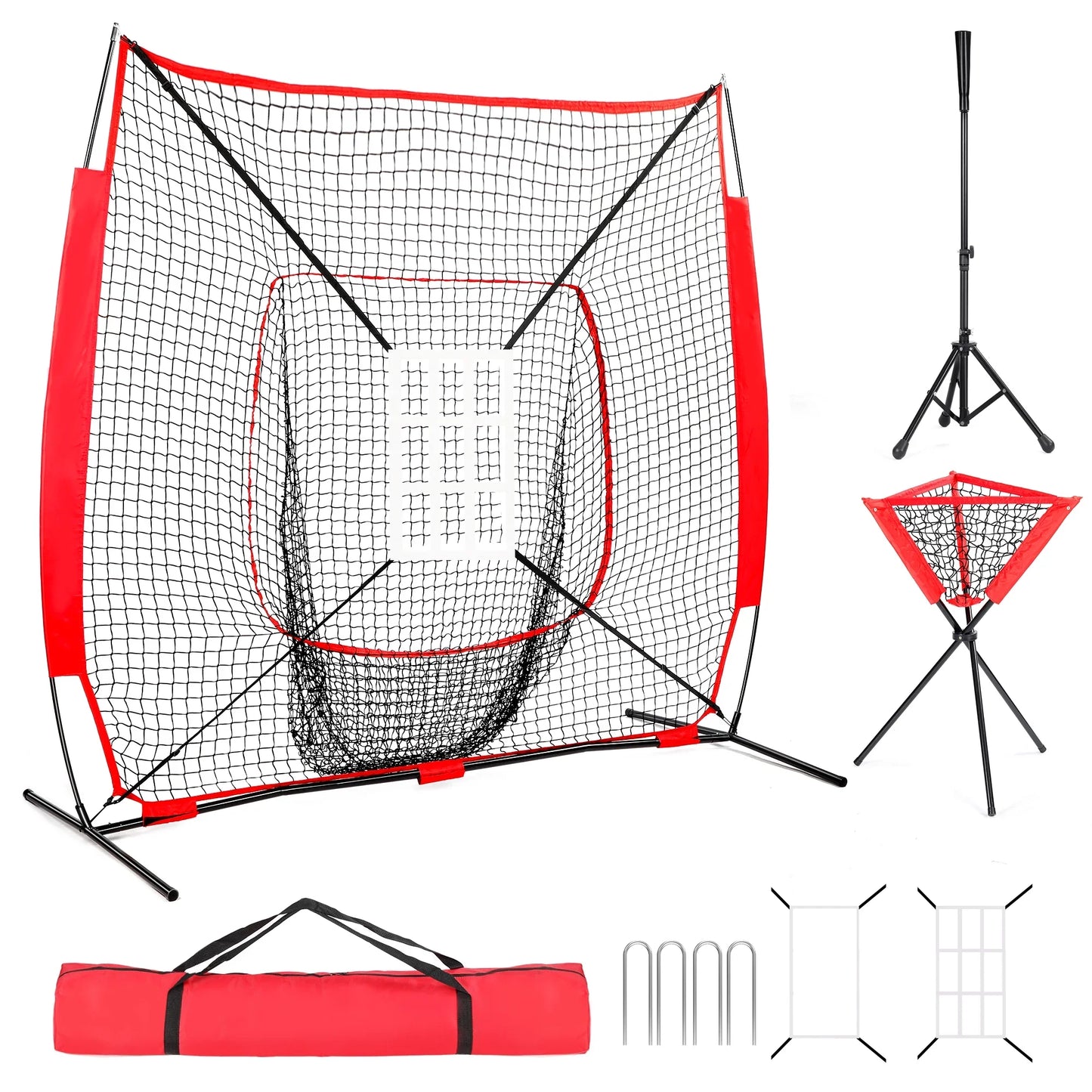 Baseball and Softball Bundle, 7'×7' Baseball Net with Batting Net, Baseball Tee, Caddy, 2 Strike Zone, Carry Bag, Baseball Practice Net for Batting Hitting and Pitching