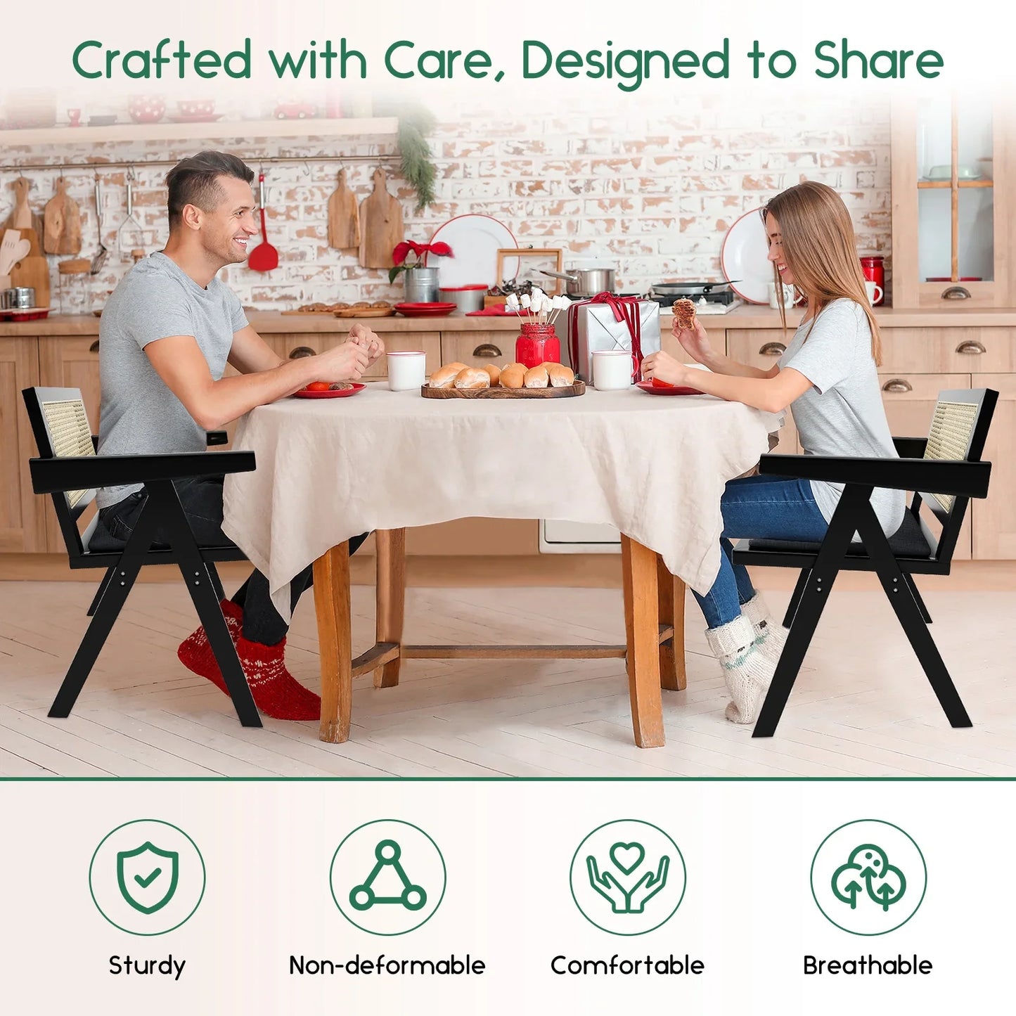 HomeZeer Rattan Dining Chars Set of 2, Upholstered Kitchen Chairs with Armrest and Cane Backrest, Mid Century Wooden Frame Dining Chais, Black