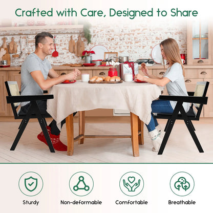HomeZeer Rattan Dining Chars Set of 2, Upholstered Kitchen Chairs with Armrest and Cane Backrest, Mid Century Wooden Frame Dining Chais, Black