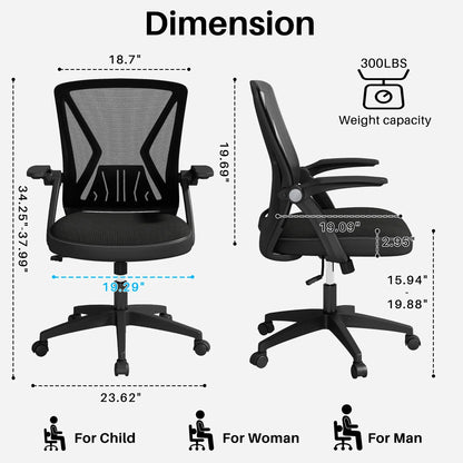 HomeZeer Mid Back Office Desk Chair, Swivel Computer Desk Chair with Lumbar Support, Mesh Home Office Chair with Flip Up Armrest, Black