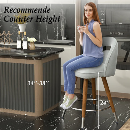 HomeZeer Swivel Counter Height Bar Stools Set of 2, 24 Inch Modern Counter Stools with Back,Velvet Upholstered Barstools for Kitchen Island, Solid Wood Legs Bars Chairs with Footrest, Grey