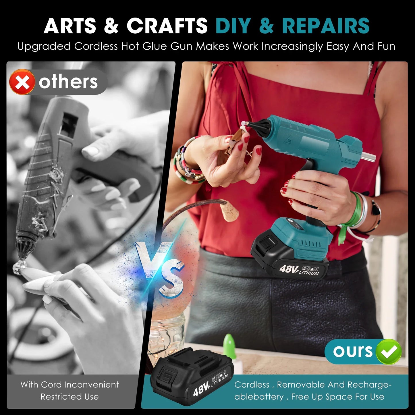 DOULAMI 100W Cordless Hot Glue Gun with 2.5A Battery and 40 Pcs Glue Sticks Perfect for Crafts U91