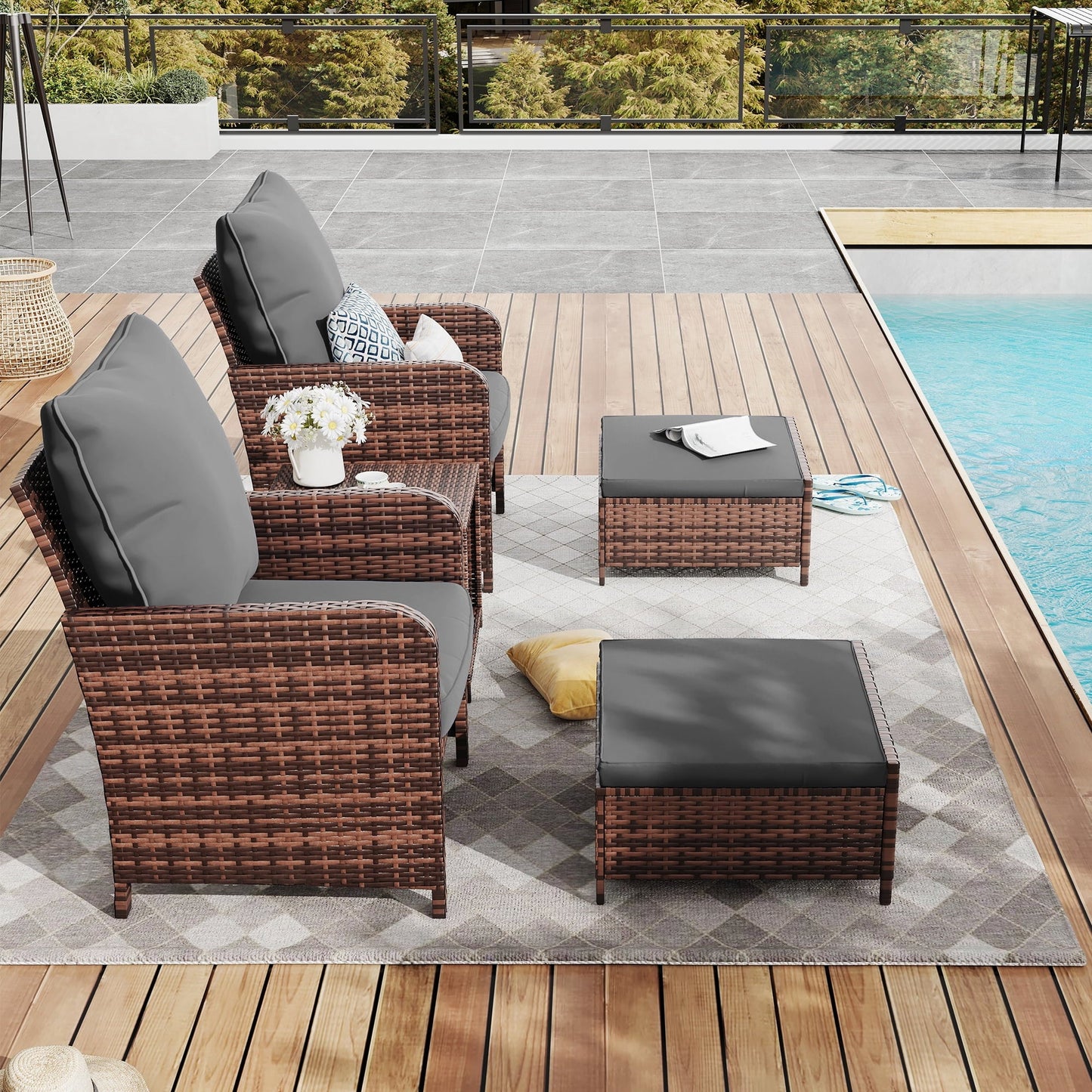 ECOPATIO 5 Piece Patio Furniture Set, Outdoor Patio Conversation Rattan Chair with Ottomans w/Storage Coffee Table for Patio, Space Saving Design for Balcony Poolside Front Porch Deck,Gray