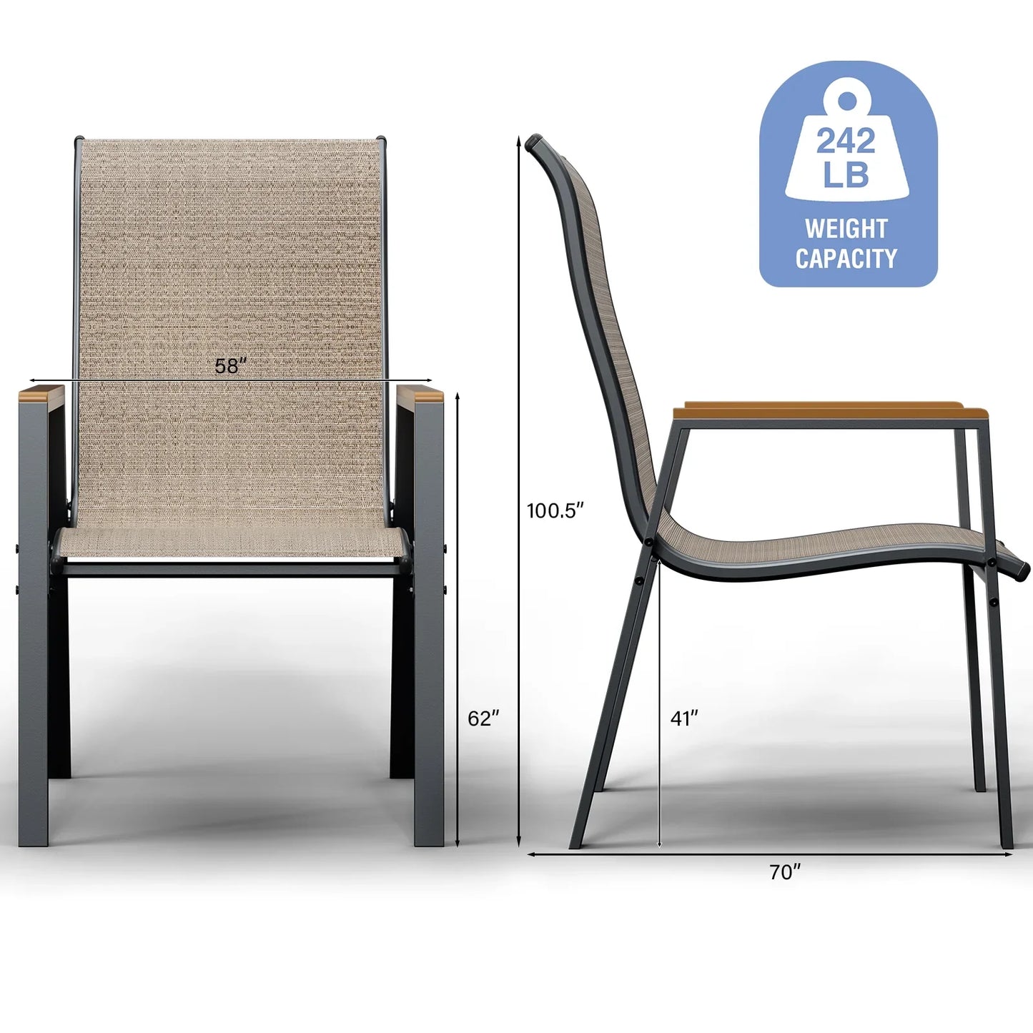 ECOPATIO Outdoor Patio Dining Chairs Set of 2, Stackable Steel Chairs with Armrest,Durable Frame for Lawn Garden Backyard, Khaki