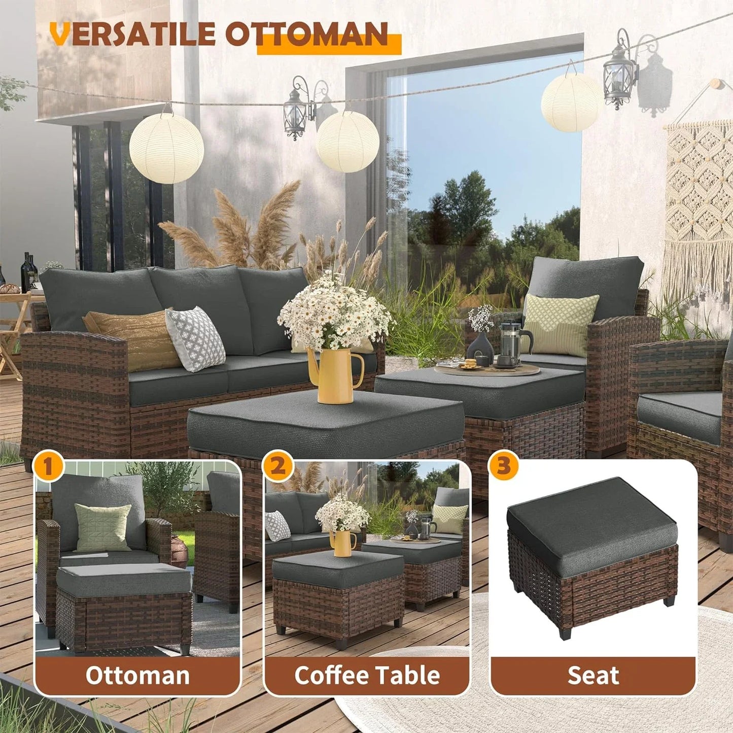 Poteban Patio Furniture Swivel Rocking Chair Sets, 6 Pieces Outdoor Conversation Sectional Furniture, Wicker Rattan Sofa with Rocking Chair, Ottomans, Side Table, Dark Grey Cushion