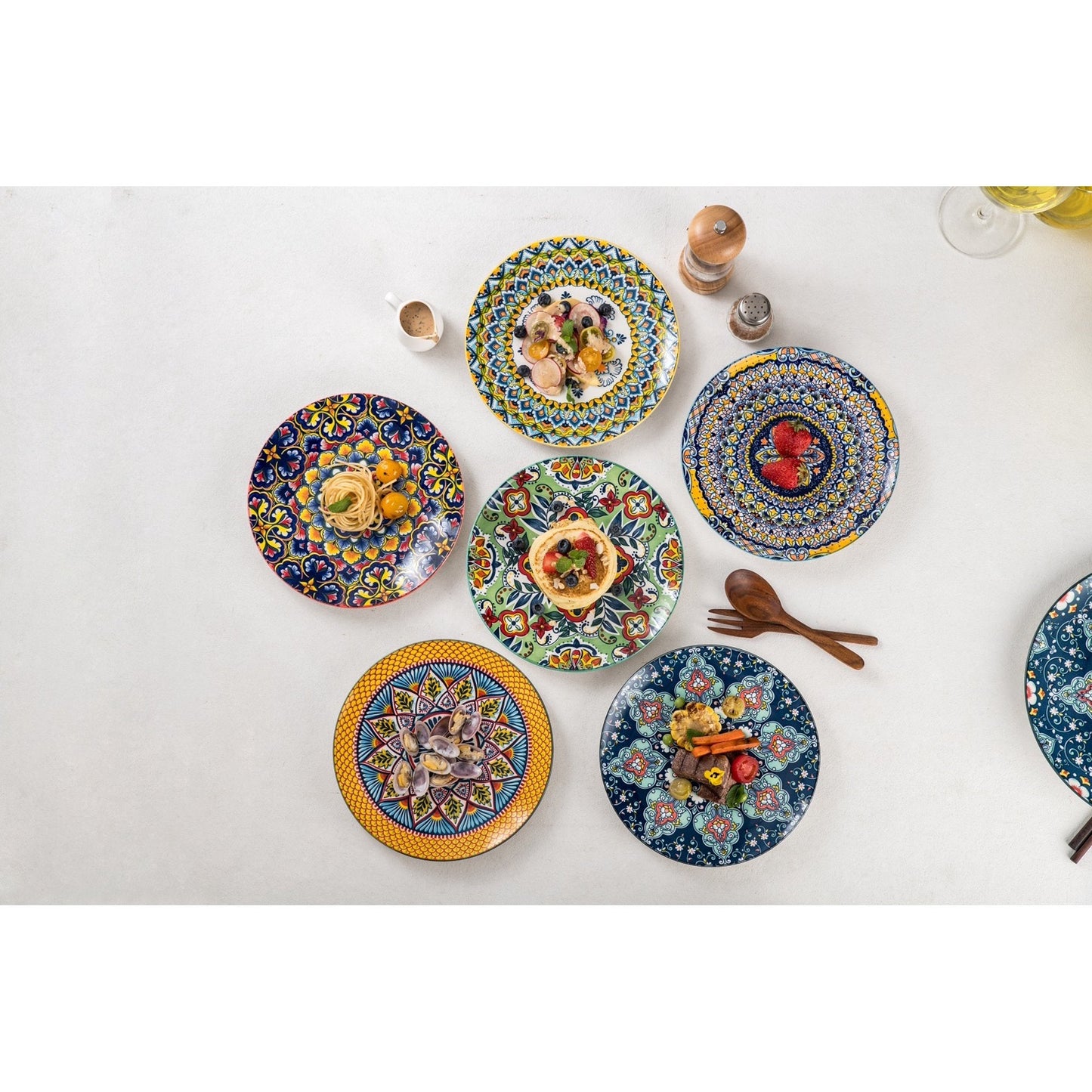 UNICASA Ceramic Dinner Plates Set of 6 - Multicolor Porcelain 8.7 Inch Flat Steak Pasta Pizza Bohemian Plate Home Party Restaurant Plate Scratch Resistant Microwave Oven and Dishwasher Safe