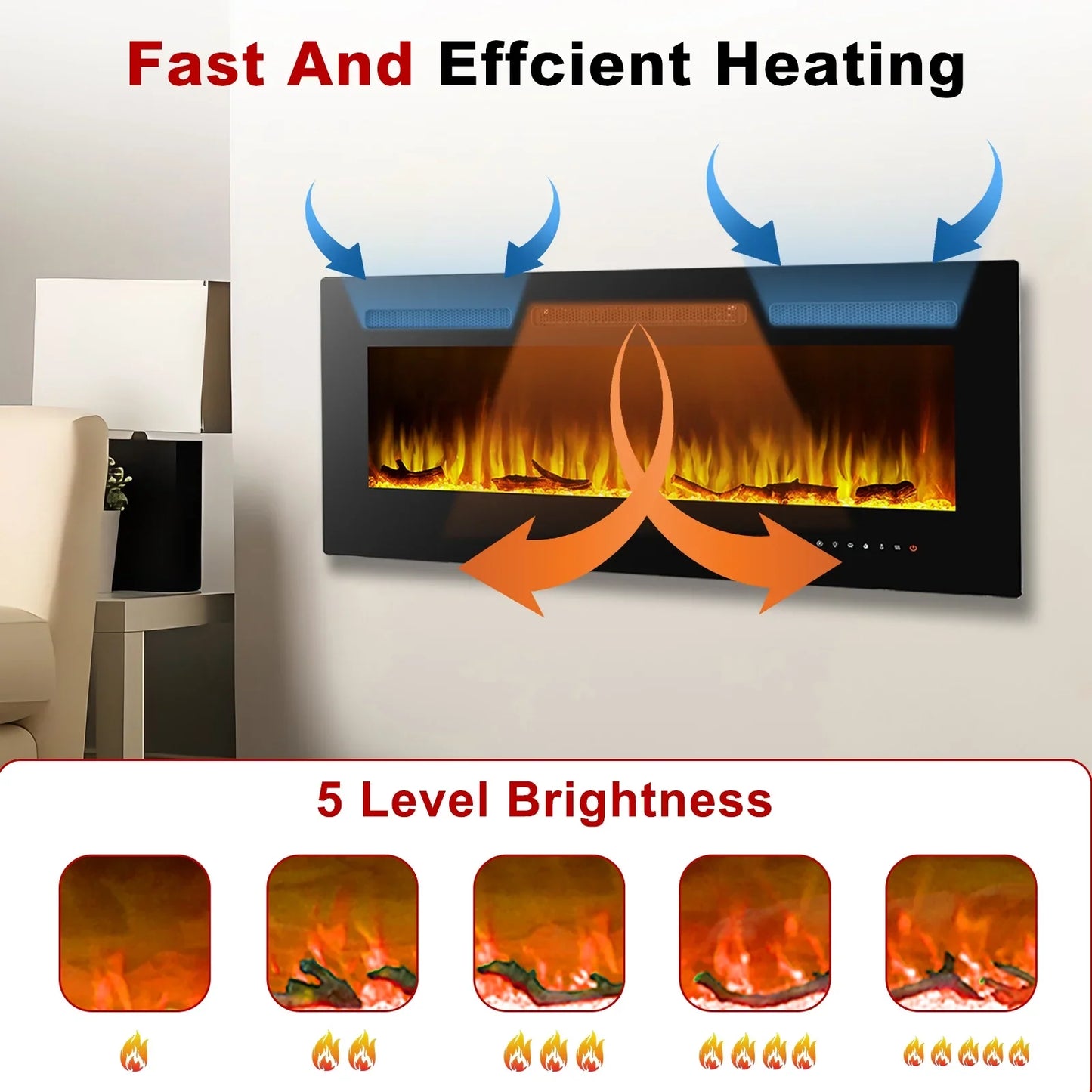 50 inch Electric Fireplace in-Wall Recessed, Wall Mounted Fireplace Heater, Linear Fireplace with Multicolor Flame, Timer, Low Noise, 750/1500W, Touch Screen & Remote Control