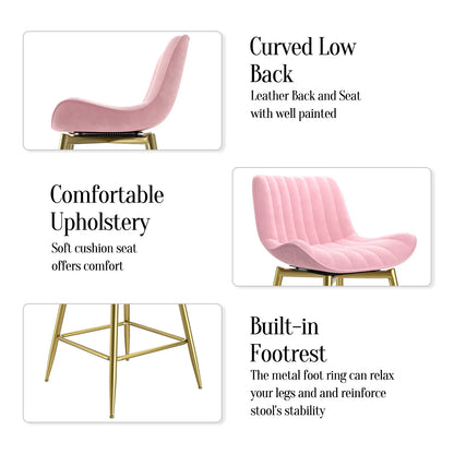 Homezeer 24" Counter Height Bar Stools Set 2 Gold Metal Legs , Velvet Upholstery Kitchen Stools Pink