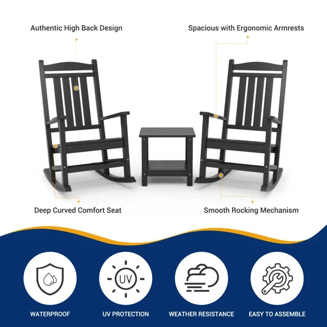 ECOPATIO 3-Piece Outdoor Rocking Chair Set of 3,All Weather Poly Lumber Adirondack Rocker Chair with High Back,Black