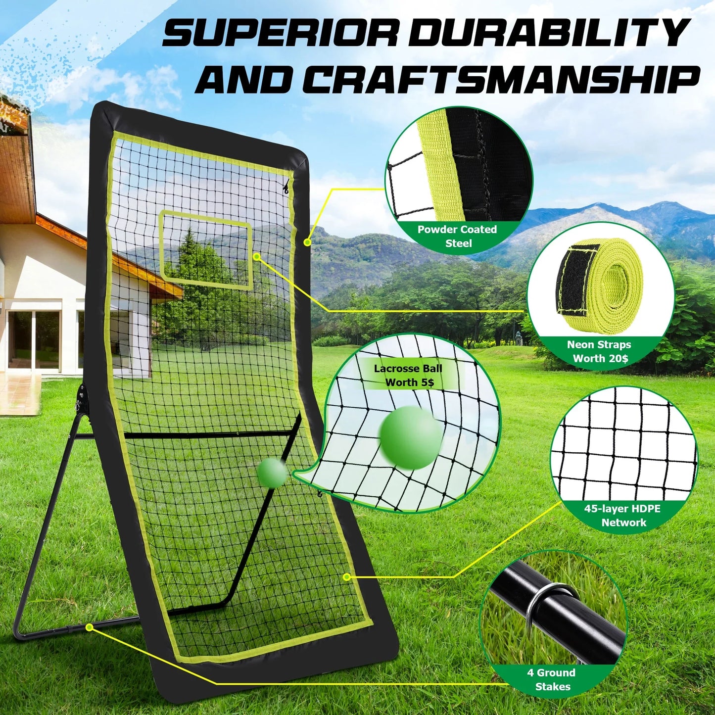 Lacrosse Rebounder for Backyard,4x7 Ft. Lacrosse Bounce Back Net, Volleyball Rebounder, Pitch Back Baseball Rebounder fits for Volleyball, Tennis and Softball Training