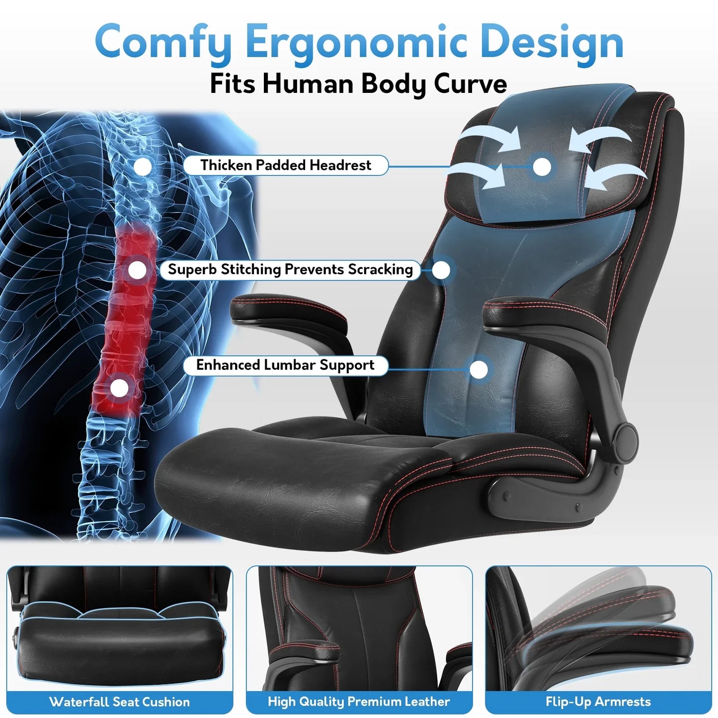 HomeZeer Executive Office Chair, Big and Tall Home Office Chairs 400lbs with Wide Seat, High Back Executive Office Chair with Adjustable Flip up Arm, Heavy Duty Leather Desk Computer Chairs, Black