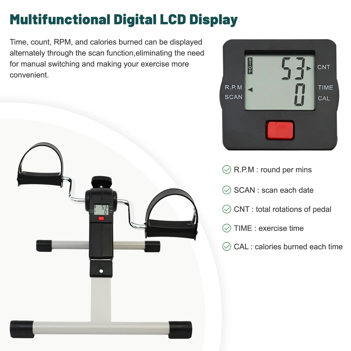 Under Desk Bike Pedal Exerciser, Fully Assembled Folding Pedal Exerciser for Arm and Leg Workout, Portable Sitting Desk Cycle with LCD Screen Displays
