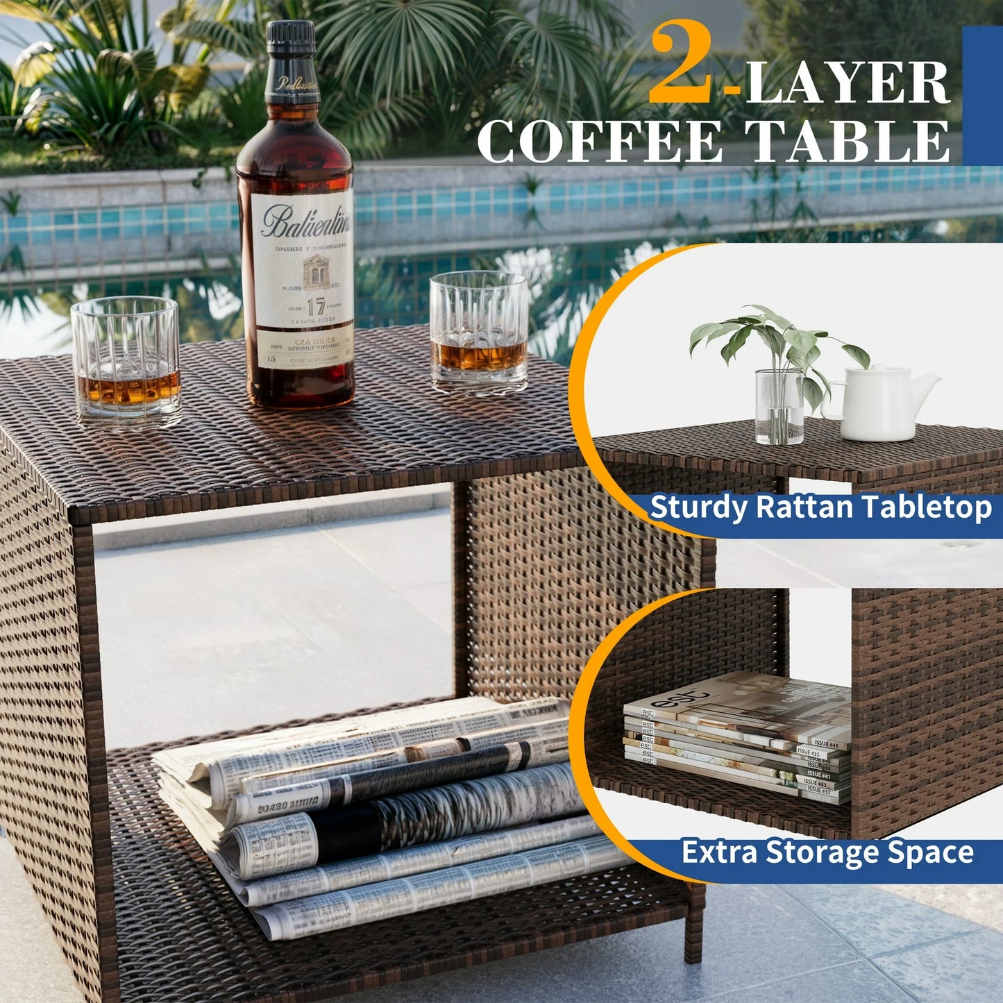 Poteban Balcony Furniture 5 Piece Patio Furniture Set, Outdoor Patio Chair with Ottoman for Front Porch Deck, Wicker Lounge Chair with Side Table, Khaki