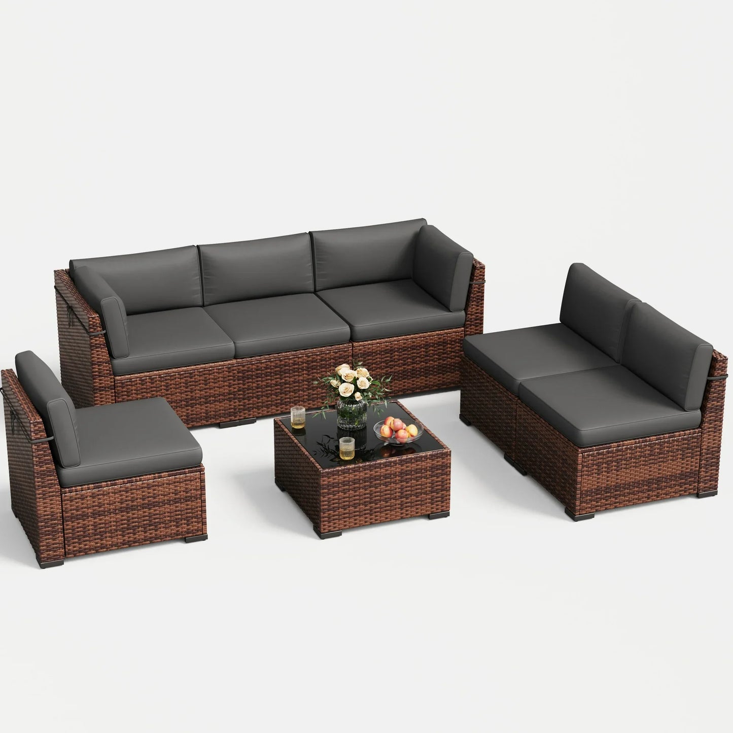 ECOPATIO 7 Pieces Patio Furniture Set, Outdoor Furniture Sectional Rattan Sofa with Slanted Back, Patio Couch with Glass Coffee Table for Backyard Garden Dark Grey (1 Waterproof Cover)