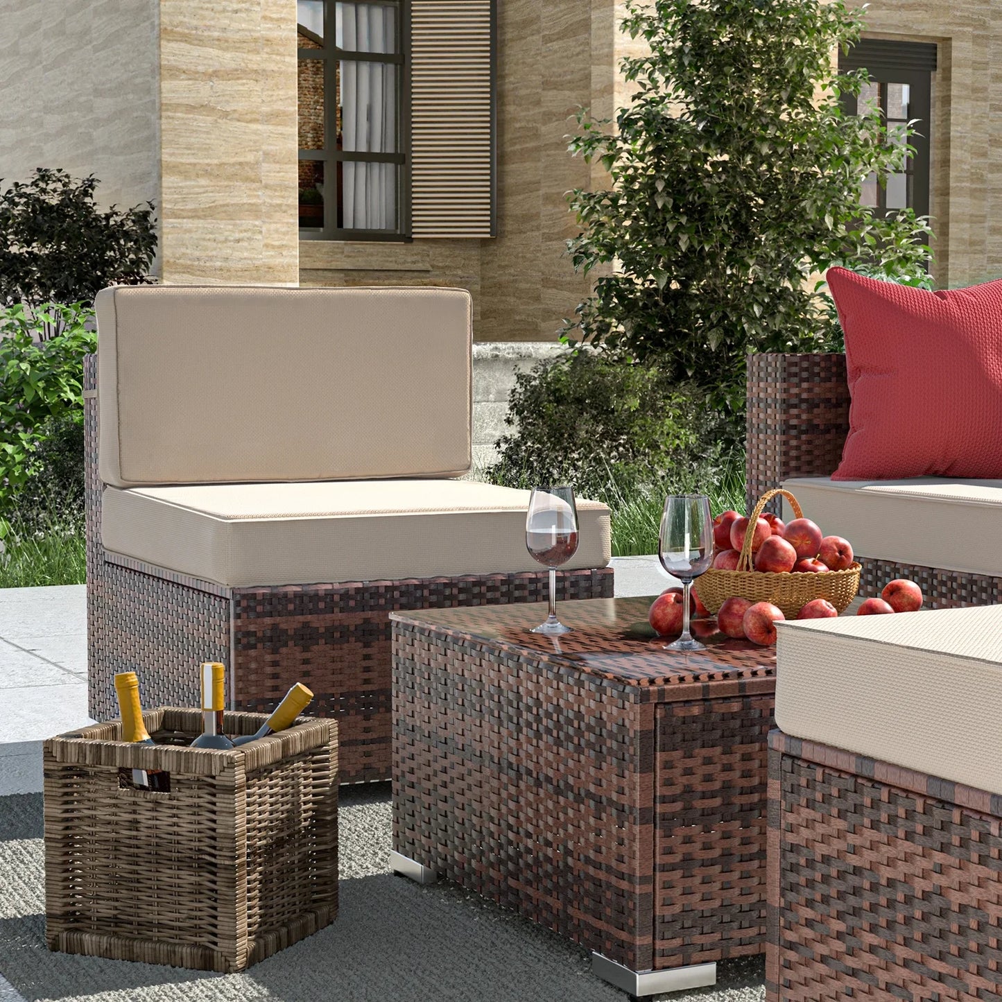 ECOPATIO 7 Pieces Patio Conversation Set, Outdoor Sectional PE Rattan Wicker Furniture Seat,Beige
